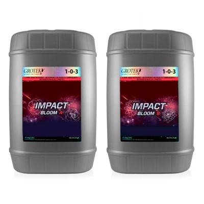 Dois recipientes plásticos cinzentos com rótulos IMPACT BLOOM A e IMPACT BLOOM B da marca GROTEK.