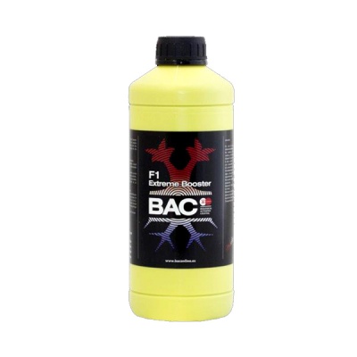 Frasco amarelo com tampa preta e rótulo preto e branco F1 Extreme Booster BAC