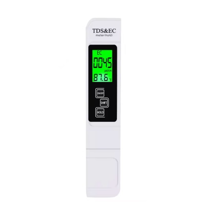 Medidor digital TDS&EC branco com ecrã verde e botões ON/OFF, SHIFT, HOLD.