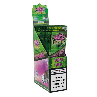 Expositor com Jays Hemp Wraps Enhanced Purple Wave em embalagens verdes e aviso de saúde em espanhol