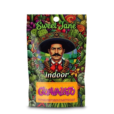 Embalagem colorida com ilustração de homem mexicano e textos Sweet Jane Indoor e Guavalato
