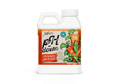 Frasco plástico branco com rótulo laranja e ilustração de planta