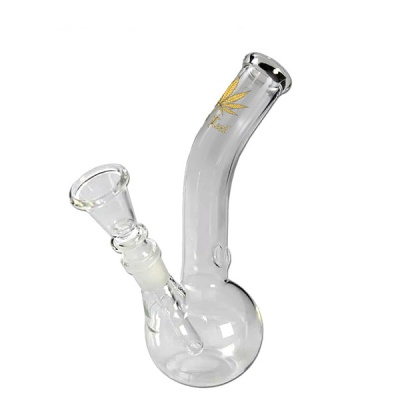 Bong de vidro transparente com desenho dourado de folha de cânhamo