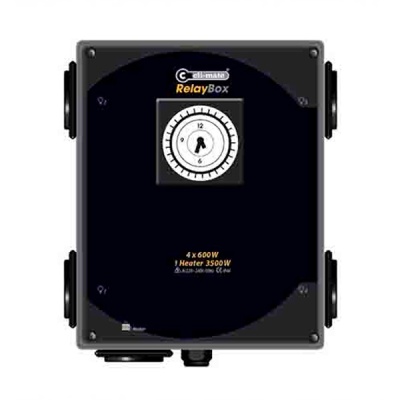 Relógio temporizador preto cell-mate RelayBox com seletor circular e texto sobre potência
