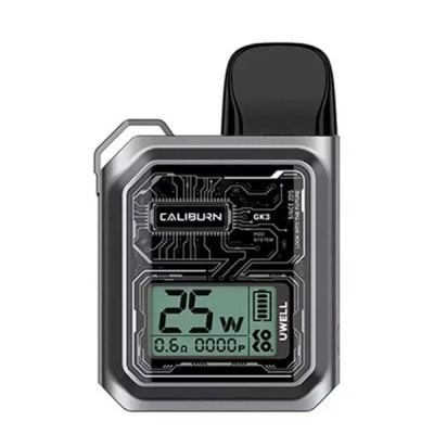 Dispositivo de vape CALIBURN GX3 cinza com ecrã digital