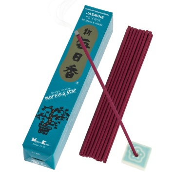 Incenso JASMINE em embalagem azul com sticks bordô e suporte cerâmico
