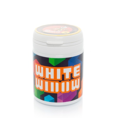 Frasco branco com rótulo colorido e texto WHITE WIDOW