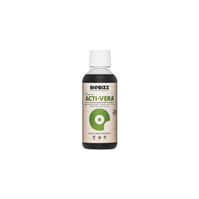 Frasco de plástico preto com rótulo castanho claro e texto verde BIOBIZZ ACTI VERA