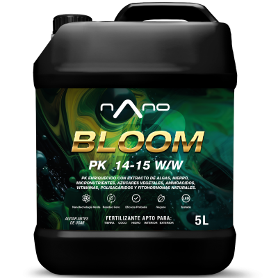Frasco preto de fertilizante líquido BLOOM PK 14-15 W/W de 5 litros