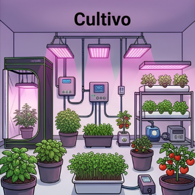 Sala de cultivo com plantas, luzes LED e sistemas de controlo eletrónicos