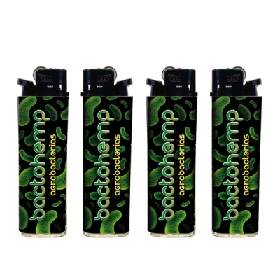 Quatro isqueiros pretos com design de bactérias verdes e texto bactohemp agrobacterias