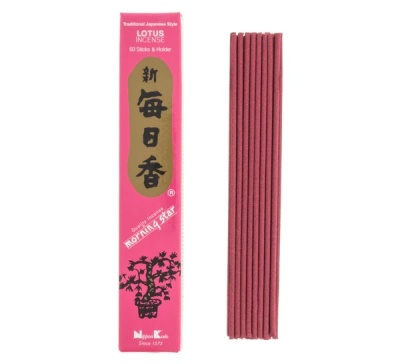 Incenso japonês em caixa rosa com varetas à direita