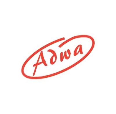Logotipo vermelho com texto Adwa sobre fundo branco