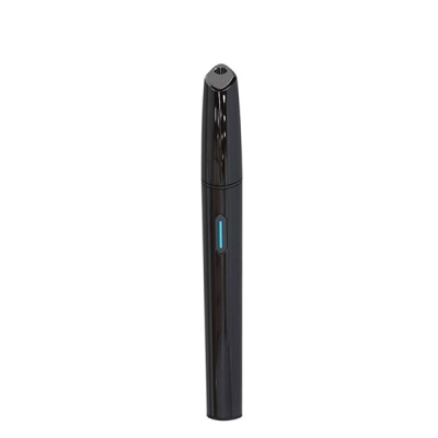 Dispositivo electrónico preto com botão azul e fundo branco.