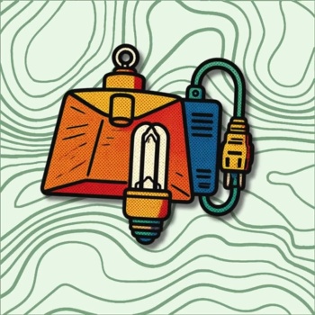 Ilustração de lâmpada com suporte e cabo sobre fundo com linhas onduladas