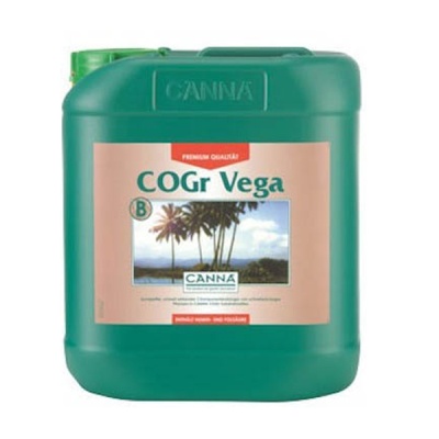 Recipiente verde de produto CANNA COGr Vega com rótulo e imagem de palmeiras