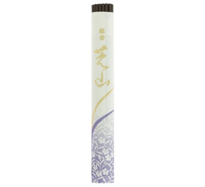 Embalagem cilíndrica de incenso branca com padrão floral lilás e texto dourado