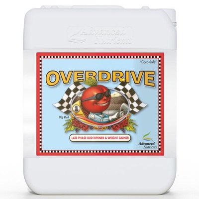 Recipiente branco com etiqueta colorida de produto chamado OVERDRIVE com imagem de tomate animado e texto