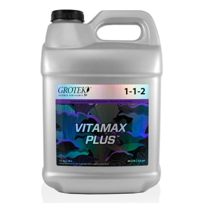 Recipiente plástico cinzento VITAMAX PLUS com etiqueta colorida.