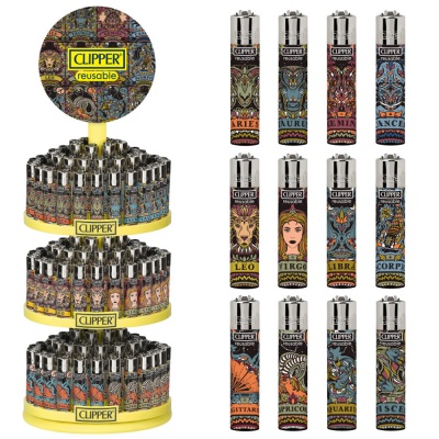 Iisqueiros Clipper reutilizáveis com signos do zodíaco em expositor amarelo