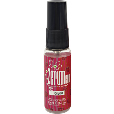 Frasco spray neutralizador Zerum Car Cherry com rótulo vermelho e cerejas