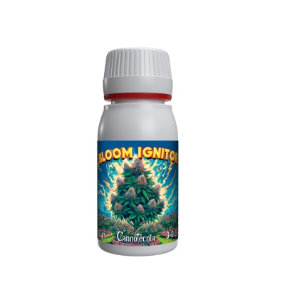 Frasco branco com rótulo de planta florescente e texto Bloom Ignitor