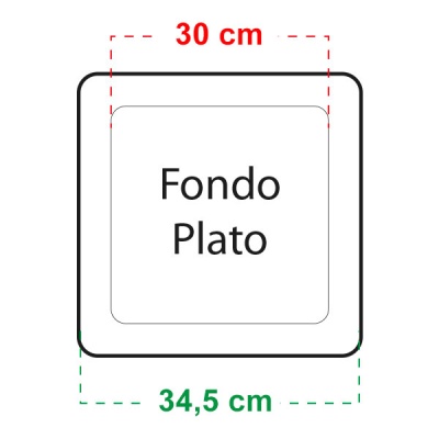 Prato fundo quadrado branco com texto e dimensões marcadas.