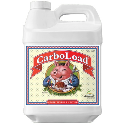 Recipiente branco com rótulo CarboLoad e desenho de porco rosa a almoçar