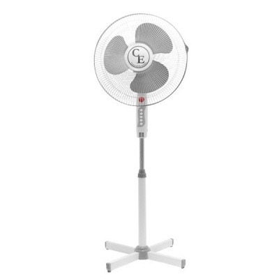Ventoinha de pé branca e cinzenta com três pás e base de quatro pés