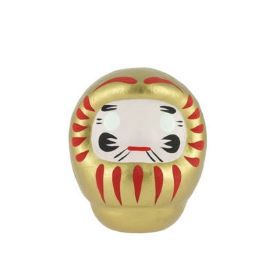 Figura Daruma dourada com detalhes vermelhos e rosto pintado