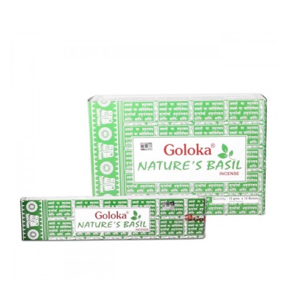 Pacotes de incenso Goloka Natures Basil verdes e brancos com texto e símbolos tradicionais.