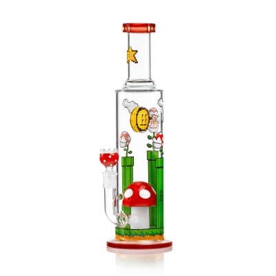 Bong de vidro transparente com decoração de videojogo pixel art e elementos coloridos