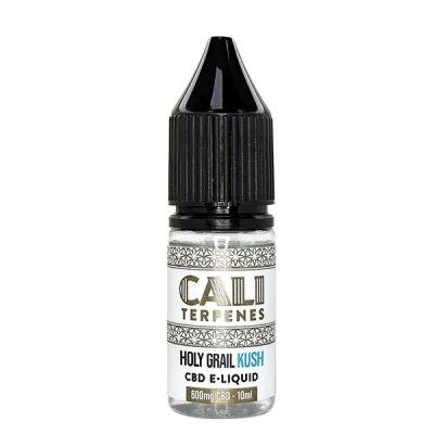 Frasco de líquido CBD com rótulo CALI TERPENES HOLY GRAIL KUSH