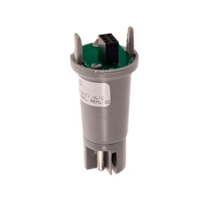 Componente eletrónico cilíndrico cinzento com etiqueta branca e conector preto