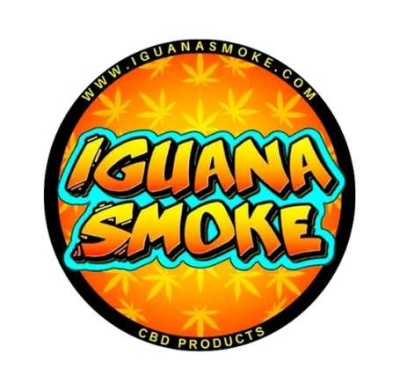 Logótipo circular laranja com texto IGUANA SMOKE e informações de URL e produtos CBD