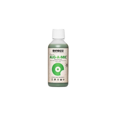 Frasco de plástico verde com tampa branca e etiqueta BIOBIZZ ALGA-MIC