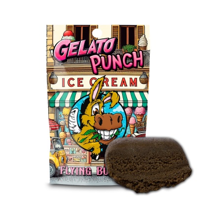 Embalagem colorida com tema de gelados e burro sorridente e bloco castanho escuro