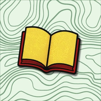 Livro aberto amarelo com contornos vermelhos sobre fundo verde com linhas onduladas