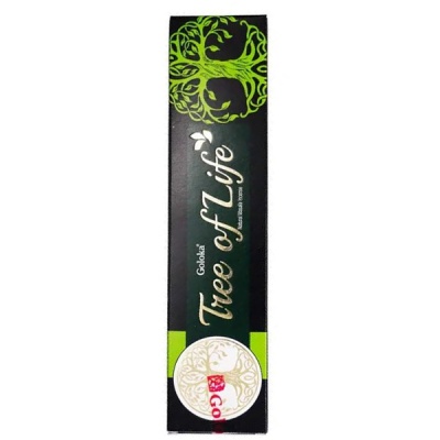 Embalagem preta e verde para incenso com desenho de árvore e texto Goloka Tree of Life