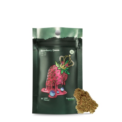 Embalagem preta com ilustração colorida de morango e texto Strawberry Queen e flor de cannabis ao lado