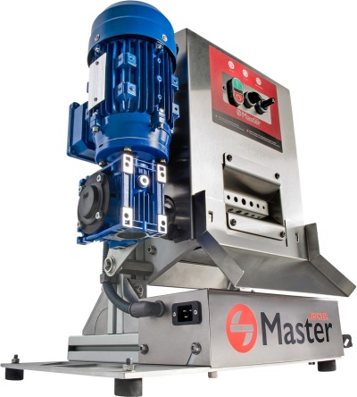 Máquina industrial metálica com motor azul e painel com botões