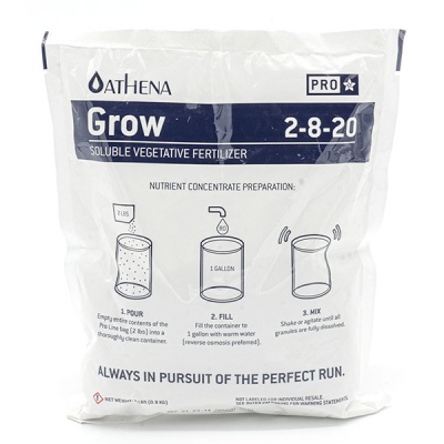 Saco de fertilizante solúvel ATHENA PRO Grow 2-8-20 branco e azul