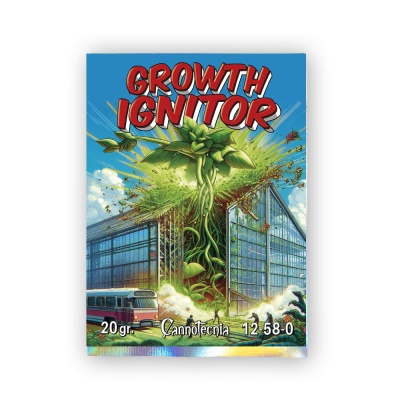 Pacote do produto GROWTHT IGNITOR com planta gigante a sair de estufa e um ônibus em frente