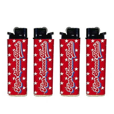 quatro isqueiros vermelhos com estrelas brancas e texto High Speed Buds