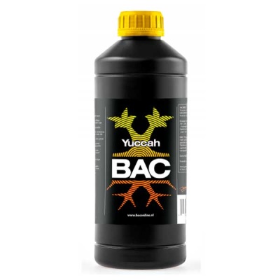 Frasco preto com tampa amarela e rótulo Yuccah BAC