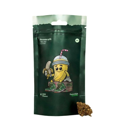 Embalagem preta de produtos CBD com ilustração de uma banana animada e flor de cânhamo.