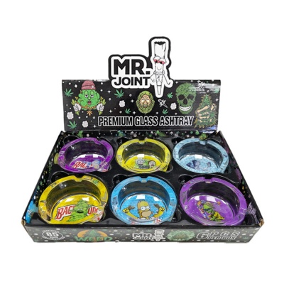 Conjunto de cinzeiros de vidro coloridos com ilustrações em embalagem MR. JOINT.