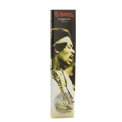 Embalagem de papel de enrolar G-Rollz organic hemp com imagem de homem e selo de qualidade.