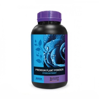 Frasco preto com tampa roxa e rótulo azul e roxo de pó para plantas