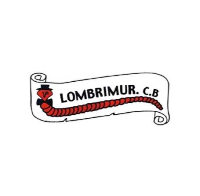 Logotipo com verme vermelho e texto LOMBRIMUR. C.B em faixa branca